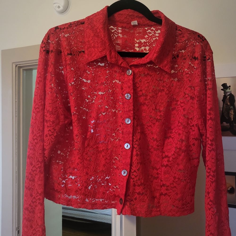 Red Lace Button-Up Blouse